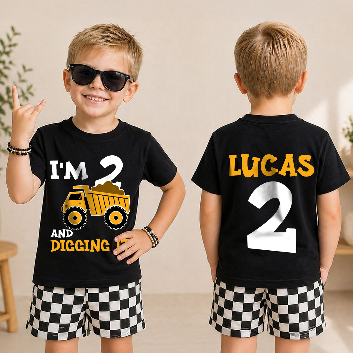 Custom Construction Truck Birthday Boy Shirt 2, Digging It — product view 3