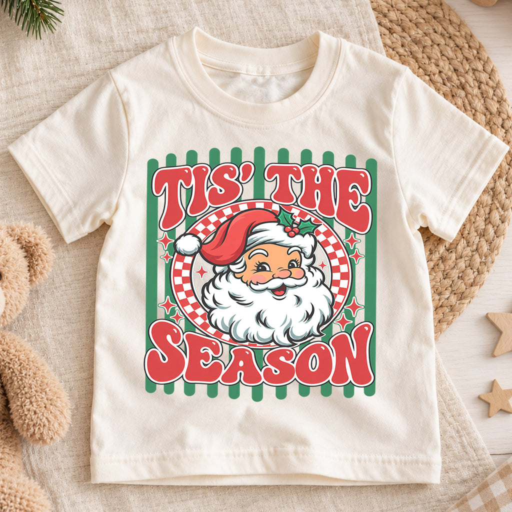 Retro Tis The Season Shirt, Vintage Santa Claus T-Shirt, Cute Kids Christmas Tee, Holiday Graphic Toddler Top, Nostalgic Xmas Gift — product view 1