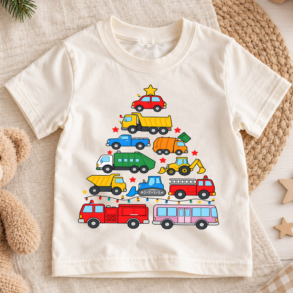 Christmas Construction Truck Kids Shirt, Colorful Vehicle Christmas Tree Tee, Toddler Holiday Gift — product view 1