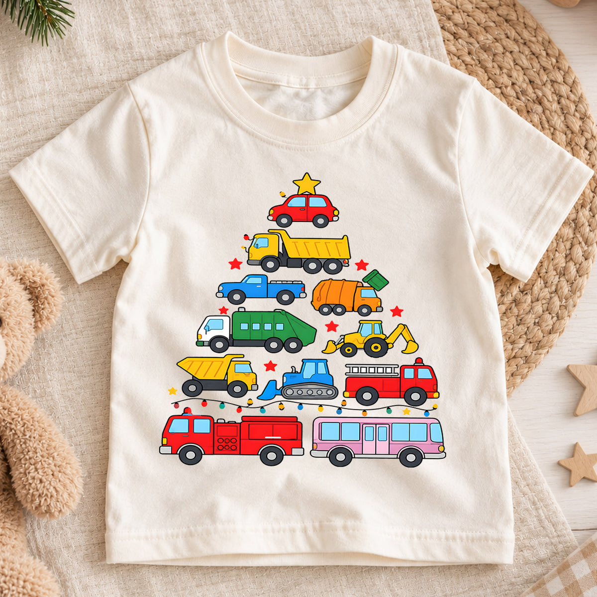 Christmas Construction Truck Kids Shirt, Colorful Vehicle Christmas Tree Tee, Toddler Holiday Gift — product view 1