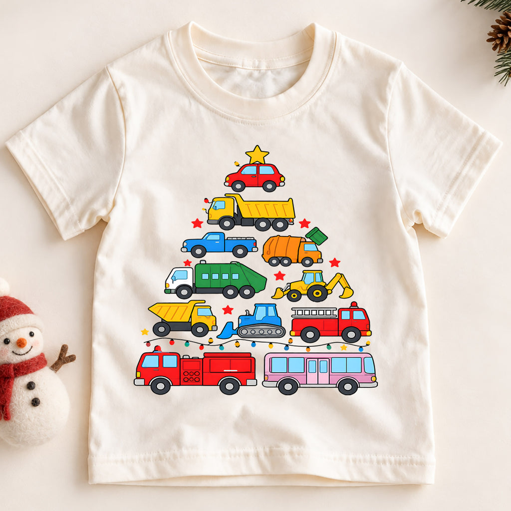 Christmas Construction Truck Kids Shirt, Colorful Vehicle Christmas Tree Tee, Toddler Holiday Gift — product view 2