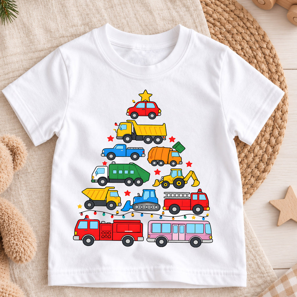 Christmas Construction Truck Kids Shirt, Colorful Vehicle Christmas Tree Tee, Toddler Holiday Gift — product view 3