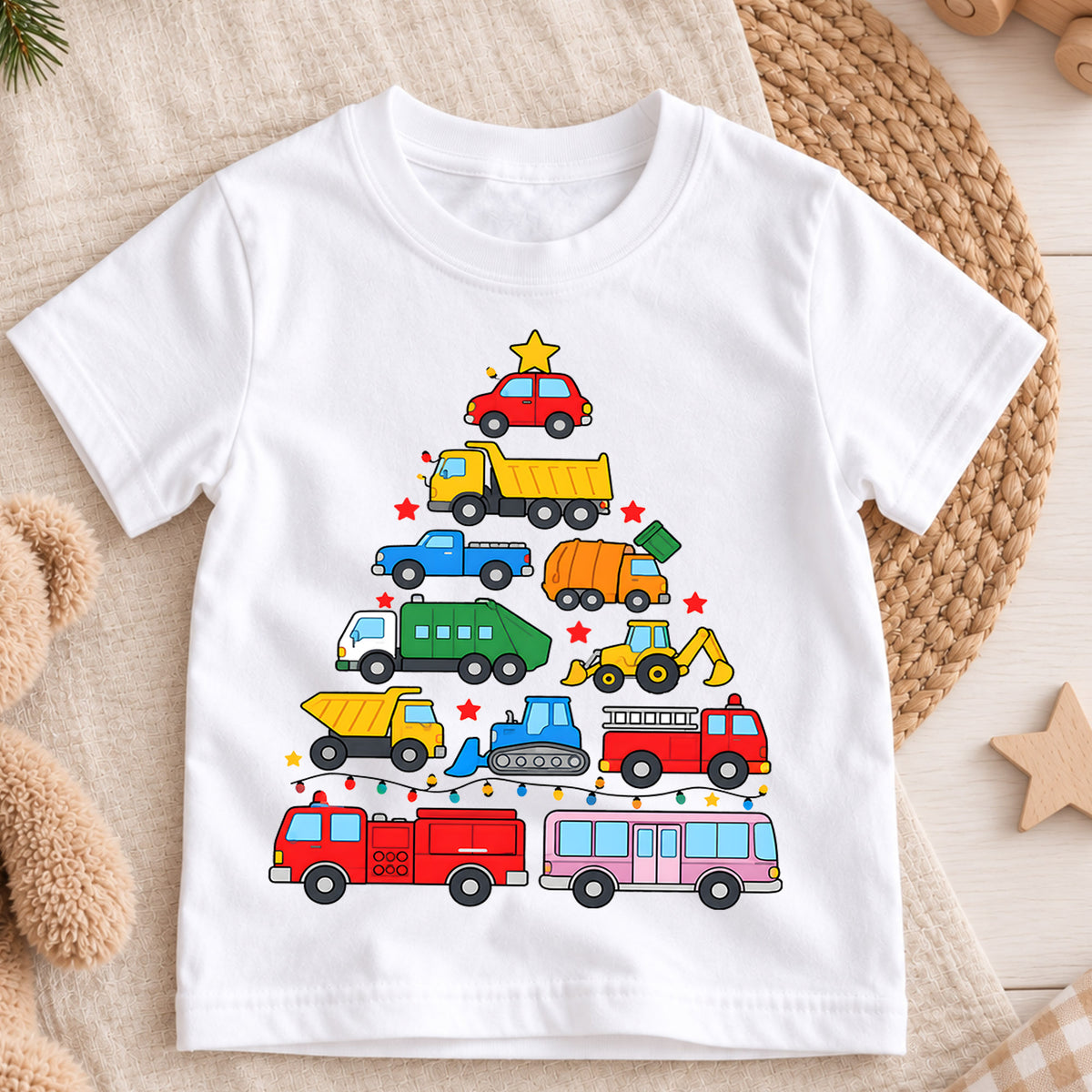 Christmas Construction Truck Kids Shirt, Colorful Vehicle Christmas Tree Tee, Toddler Holiday Gift — product view 3