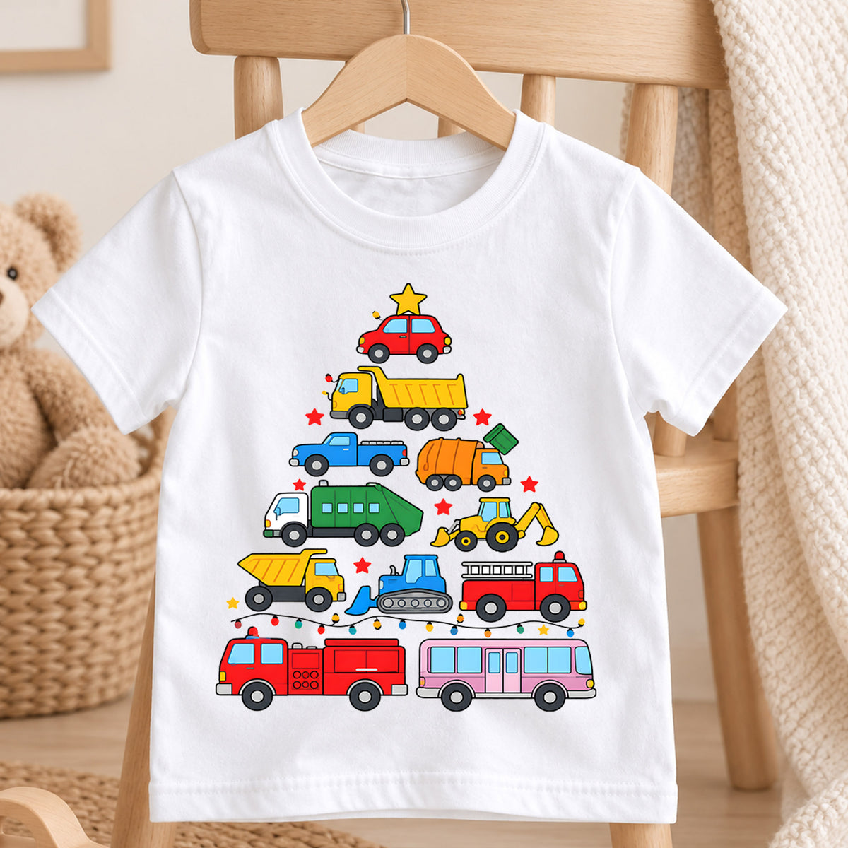 Christmas Construction Truck Kids Shirt, Colorful Vehicle Christmas Tree Tee, Toddler Holiday Gift — product view 4