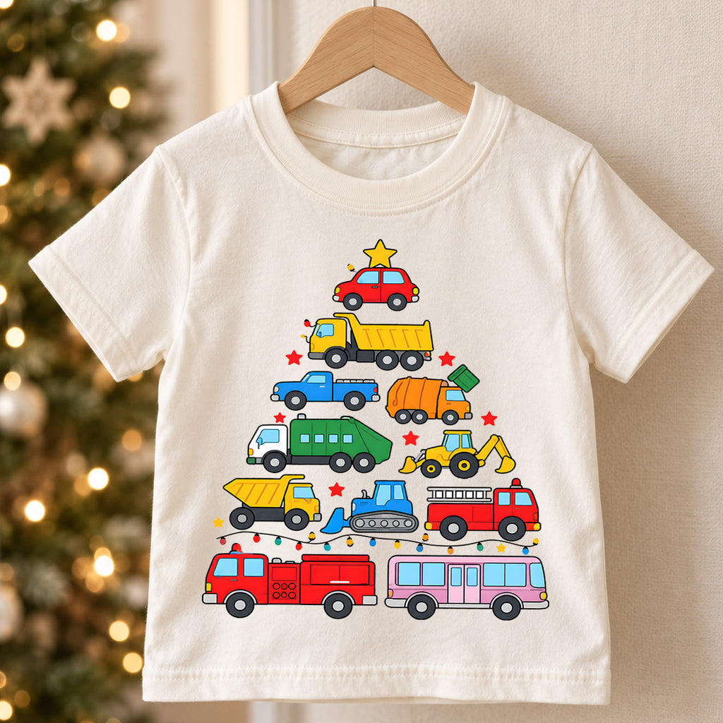 Christmas Construction Truck Kids Shirt, Colorful Vehicle Christmas Tree Tee, Toddler Holiday Gift — product view 5