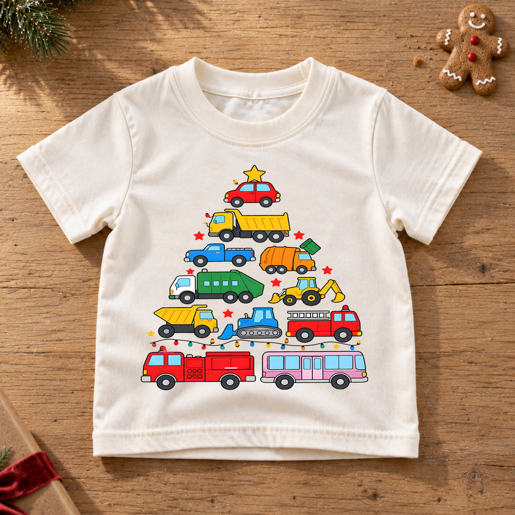 Christmas Construction Truck Kids Shirt, Colorful Vehicle Christmas Tree Tee, Toddler Holiday Gift — product view 6