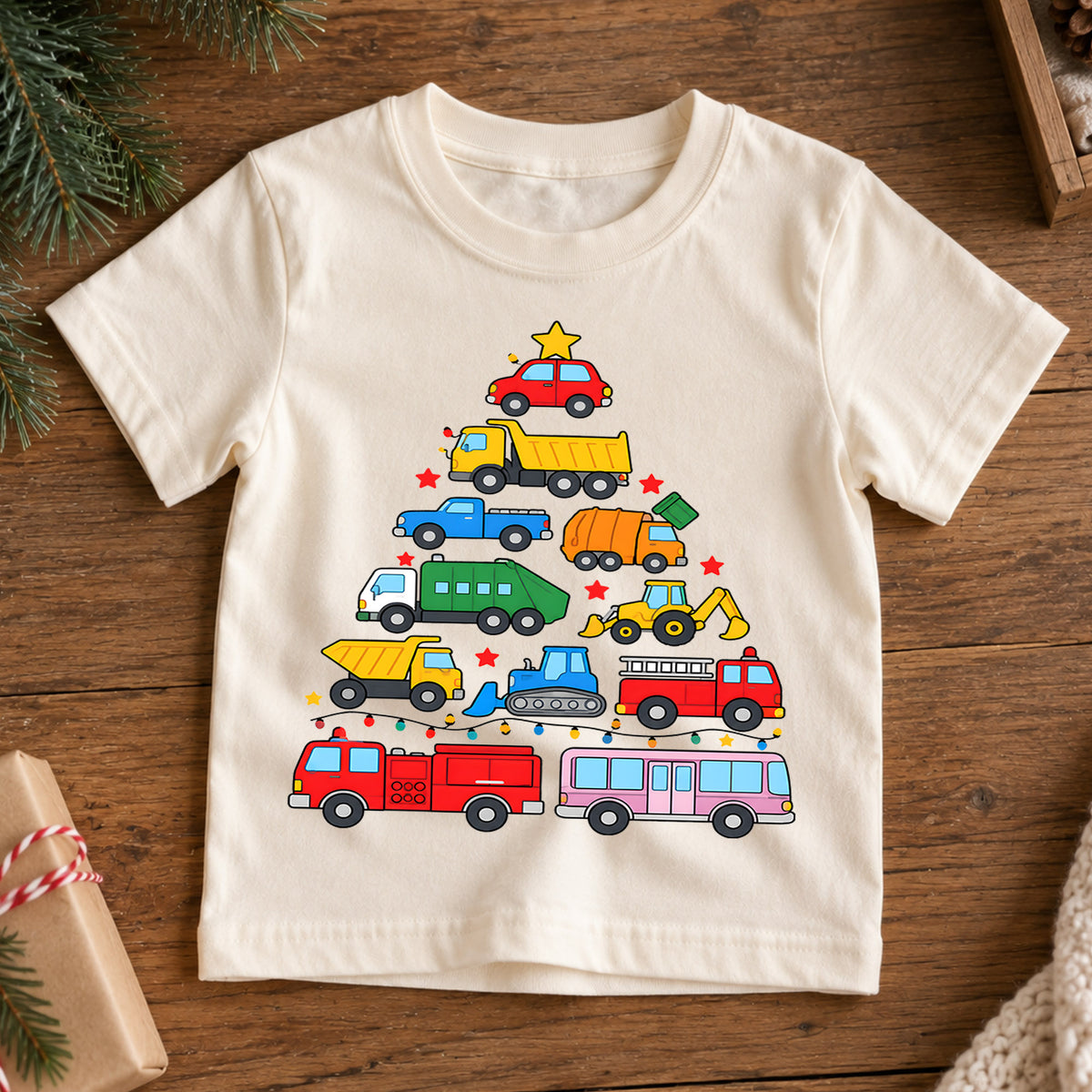 Christmas Construction Truck Kids Shirt, Colorful Vehicle Christmas Tree Tee, Toddler Holiday Gift — product view 7