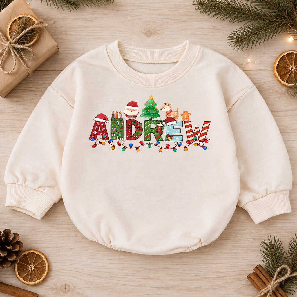 Personalized Christmas Name Baby Romper, Custom Festive Letter Outfit, 1st Christmas Romper, My First Birthday Holiday Gift for Baby — product view 1