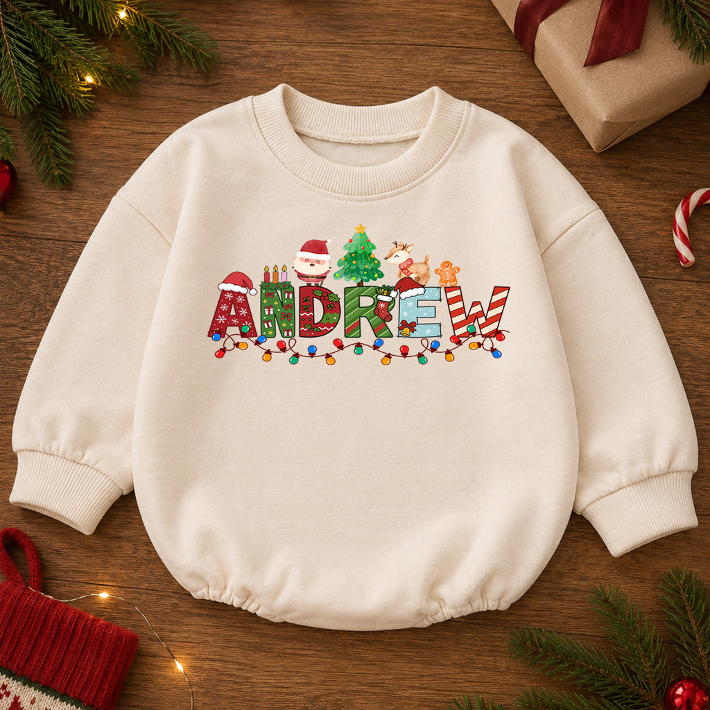 Personalized Christmas Name Baby Romper, Custom Festive Letter Outfit, 1st Christmas Romper, My First Birthday Holiday Gift for Baby — product view 2
