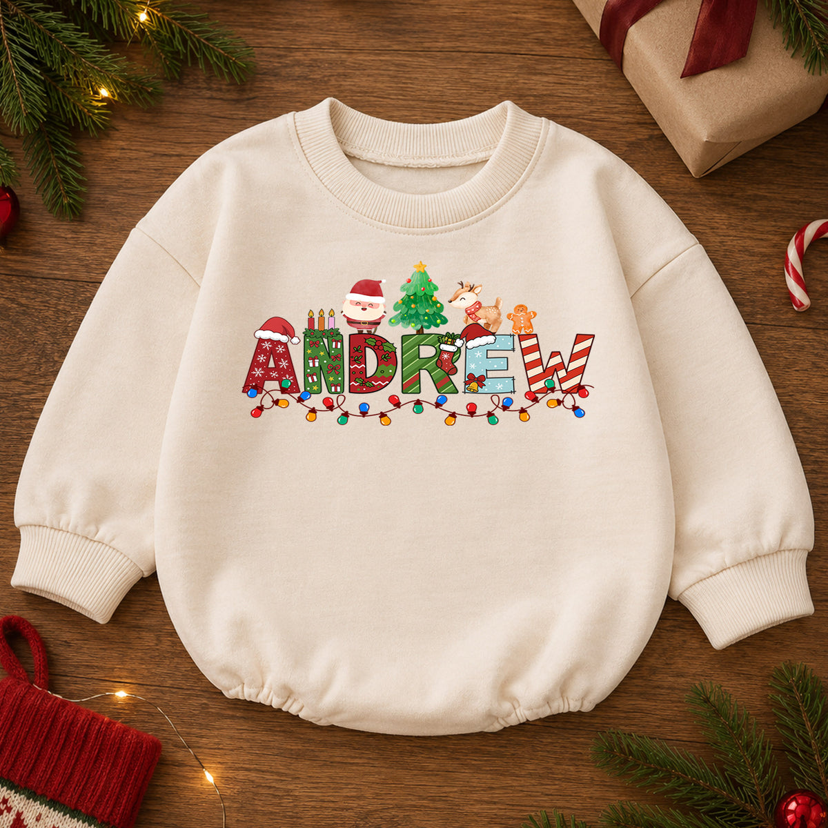 Personalized Christmas Name Baby Romper, Custom Festive Letter Outfit, 1st Christmas Romper, My First Birthday Holiday Gift for Baby — product view 2