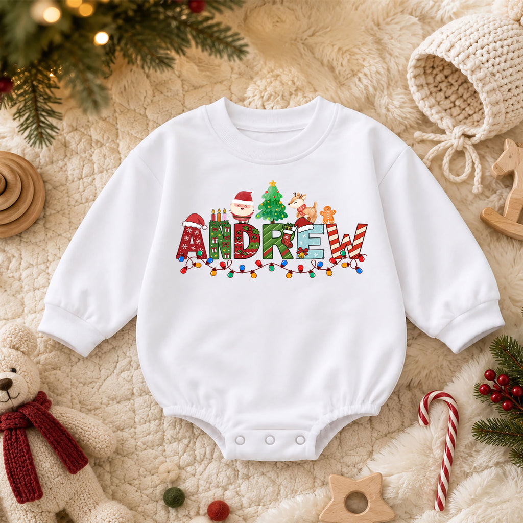 Personalized Christmas Name Baby Romper, Custom Festive Letter Outfit, 1st Christmas Romper, My First Birthday Holiday Gift for Baby — product view 3