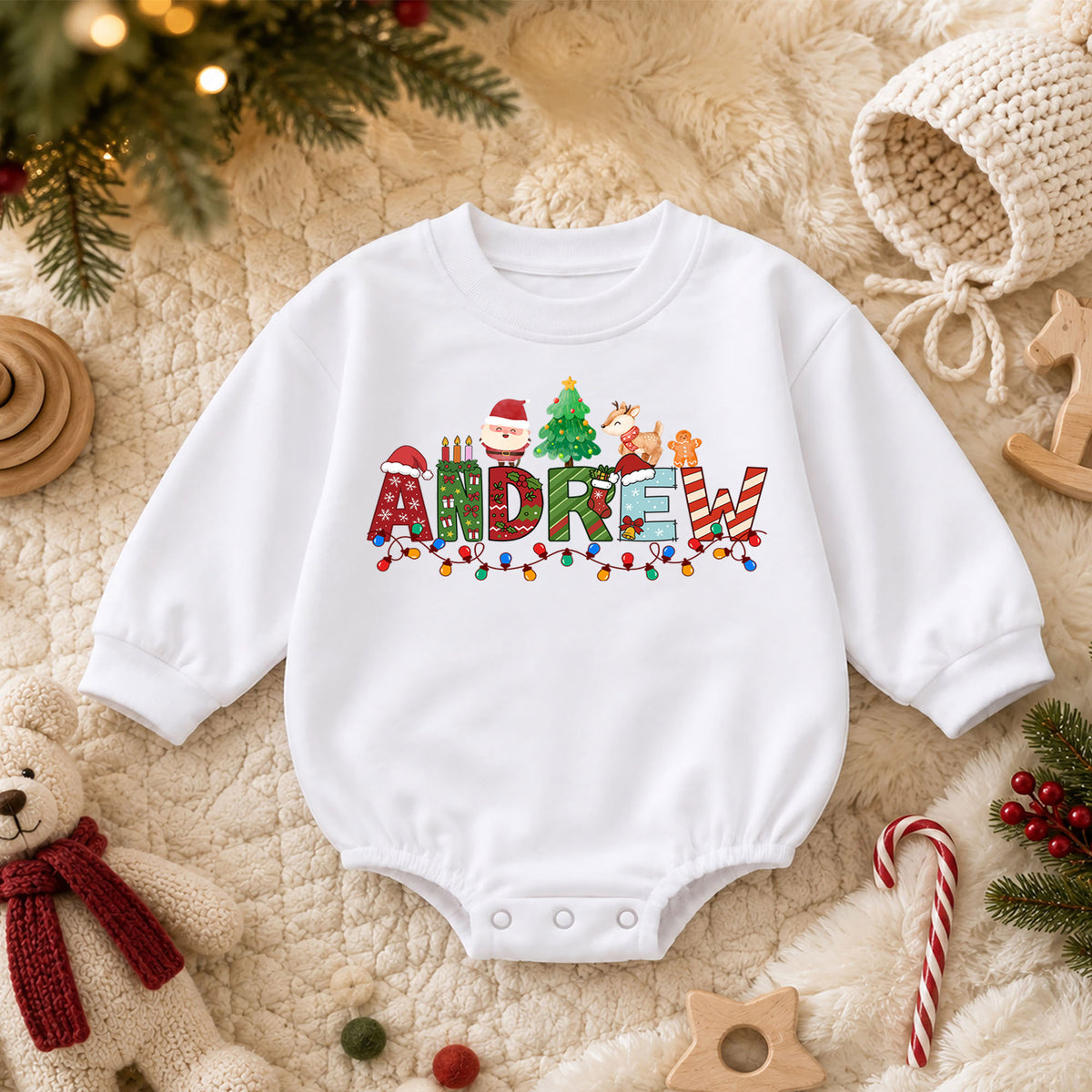 Personalized Christmas Name Baby Romper, Custom Festive Letter Outfit, 1st Christmas Romper, My First Birthday Holiday Gift for Baby — product view 3