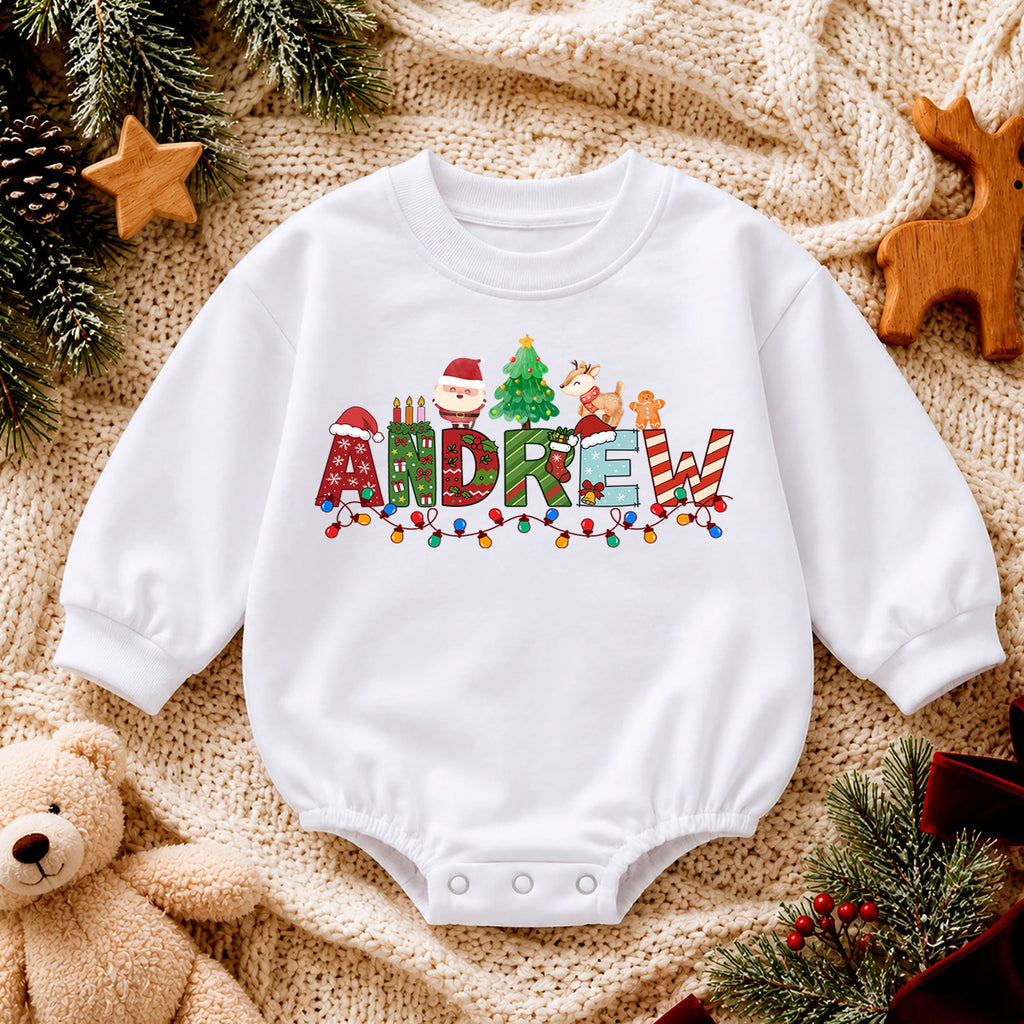 Personalized Christmas Name Baby Romper, Custom Festive Letter Outfit, 1st Christmas Romper, My First Birthday Holiday Gift for Baby — product view 4