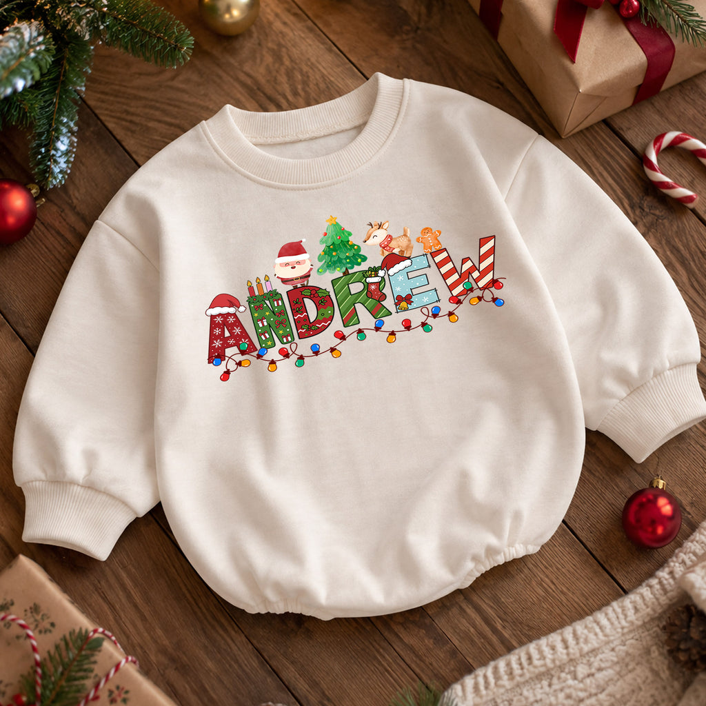 Personalized Christmas Name Baby Romper, Custom Festive Letter Outfit, 1st Christmas Romper, My First Birthday Holiday Gift for Baby — product view 5