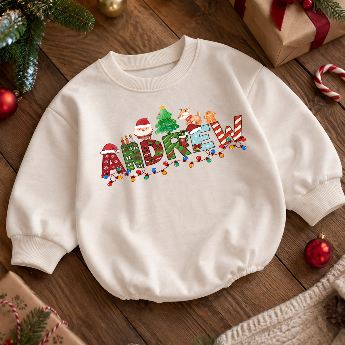 Personalized Christmas Name Baby Romper, Custom Festive Letter Outfit, 1st Christmas Romper, My First Birthday Holiday Gift for Baby — product view 5