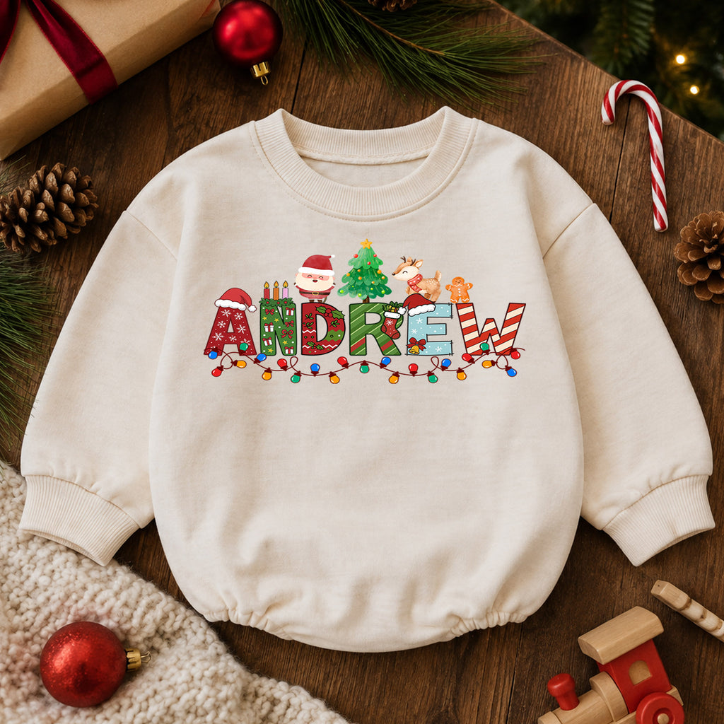 Personalized Christmas Name Baby Romper, Custom Festive Letter Outfit, 1st Christmas Romper, My First Birthday Holiday Gift for Baby — product view 6