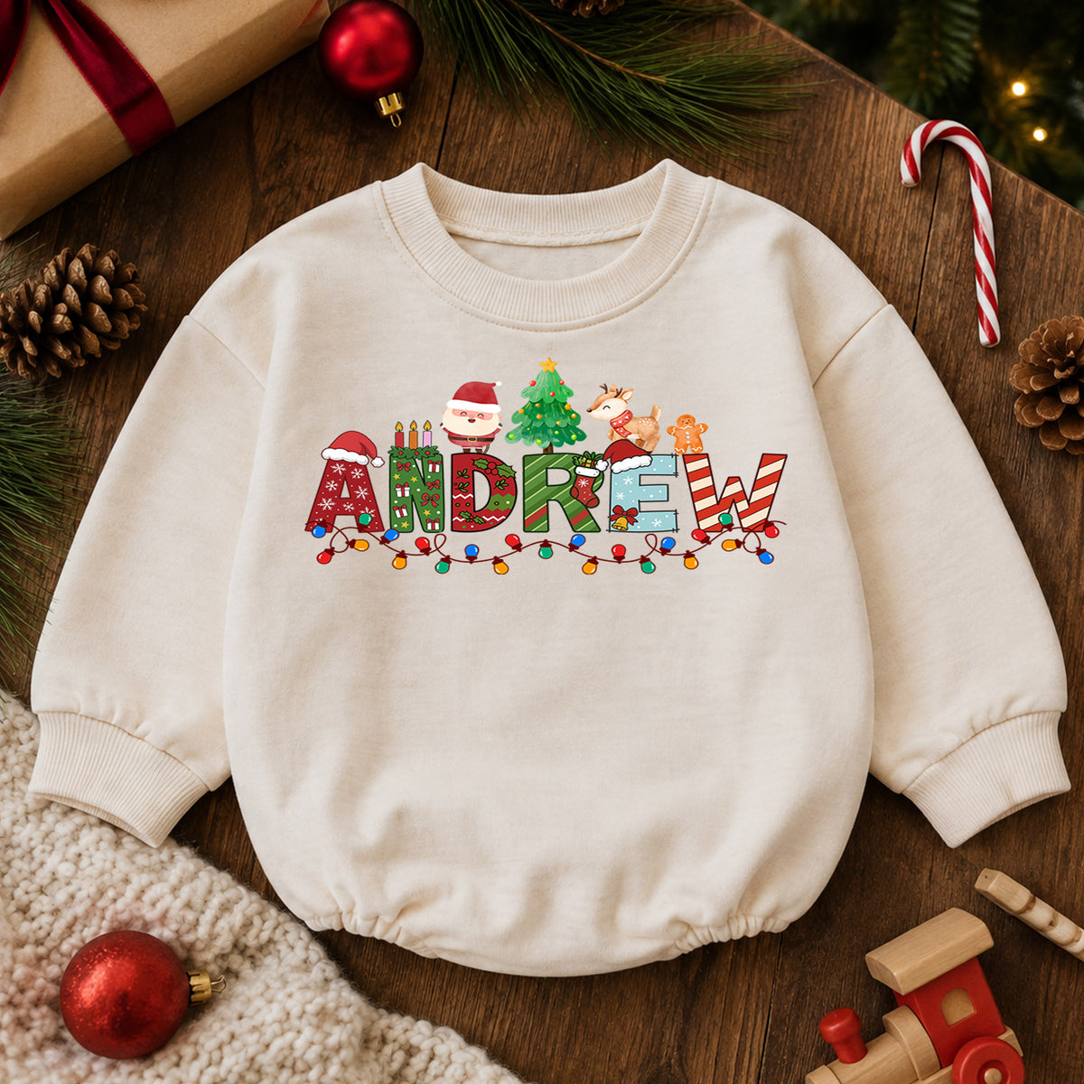 Personalized Christmas Name Baby Romper, Custom Festive Letter Outfit, 1st Christmas Romper, My First Birthday Holiday Gift for Baby — product view 6