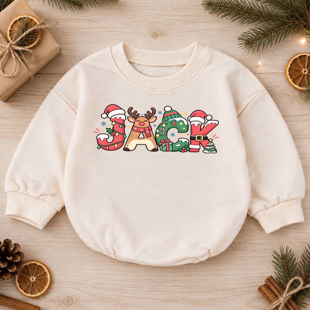 Custom Name Christmas Baby Romper, Personalized Holiday Letter Outfit, 1st Christmas Keepsake, 1st Birthday Gift for Baby Boys Girls — product view 1