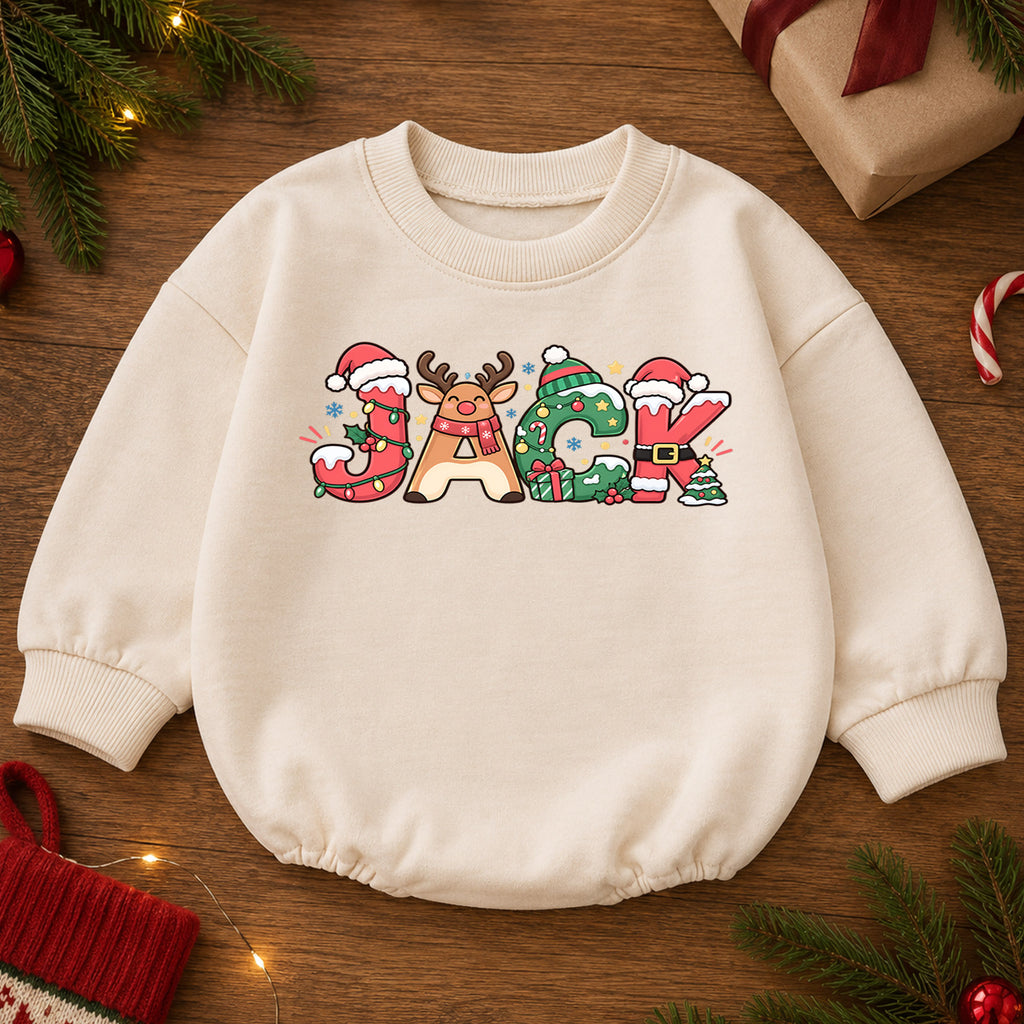 Custom Name Christmas Baby Romper, Personalized Holiday Letter Outfit, 1st Christmas Keepsake, 1st Birthday Gift for Baby Boys Girls — product view 2