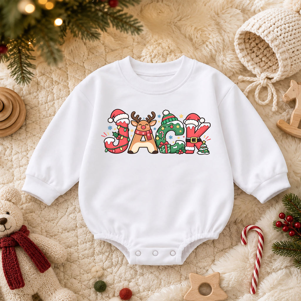 Custom Name Christmas Baby Romper, Personalized Holiday Letter Outfit, 1st Christmas Keepsake, 1st Birthday Gift for Baby Boys Girls — product view 3