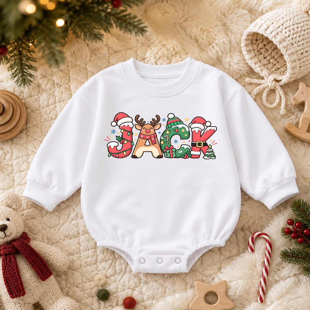 Custom Name Christmas Baby Romper, Personalized Holiday Letter Outfit, 1st Christmas Keepsake, 1st Birthday Gift for Baby Boys Girls — product view 3