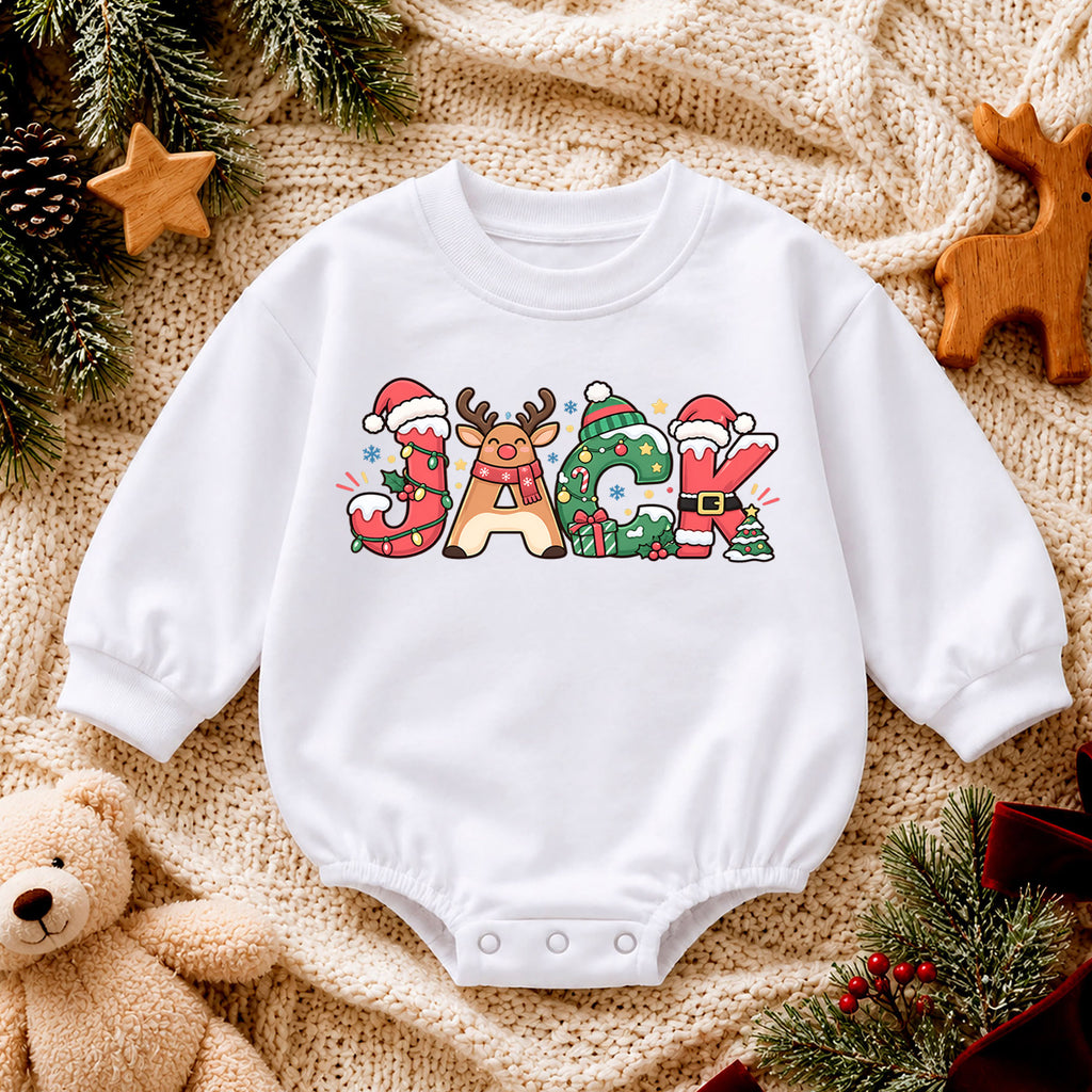 Custom Name Christmas Baby Romper, Personalized Holiday Letter Outfit, 1st Christmas Keepsake, 1st Birthday Gift for Baby Boys Girls — product view 4