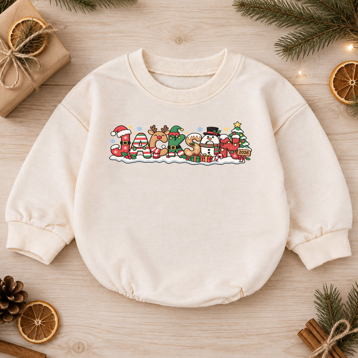 Personalized Holiday Name Romper for Baby, Reindeer Snowman Christmas Letter Design, 1st Christmas Outfit, My First Birthday Gift — product view 1