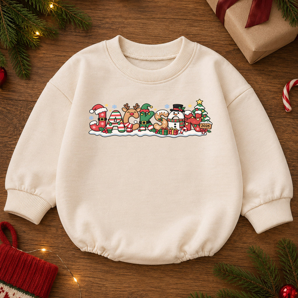 Personalized Holiday Name Romper for Baby, Reindeer Snowman Christmas Letter Design, 1st Christmas Outfit, My First Birthday Gift — product view 2