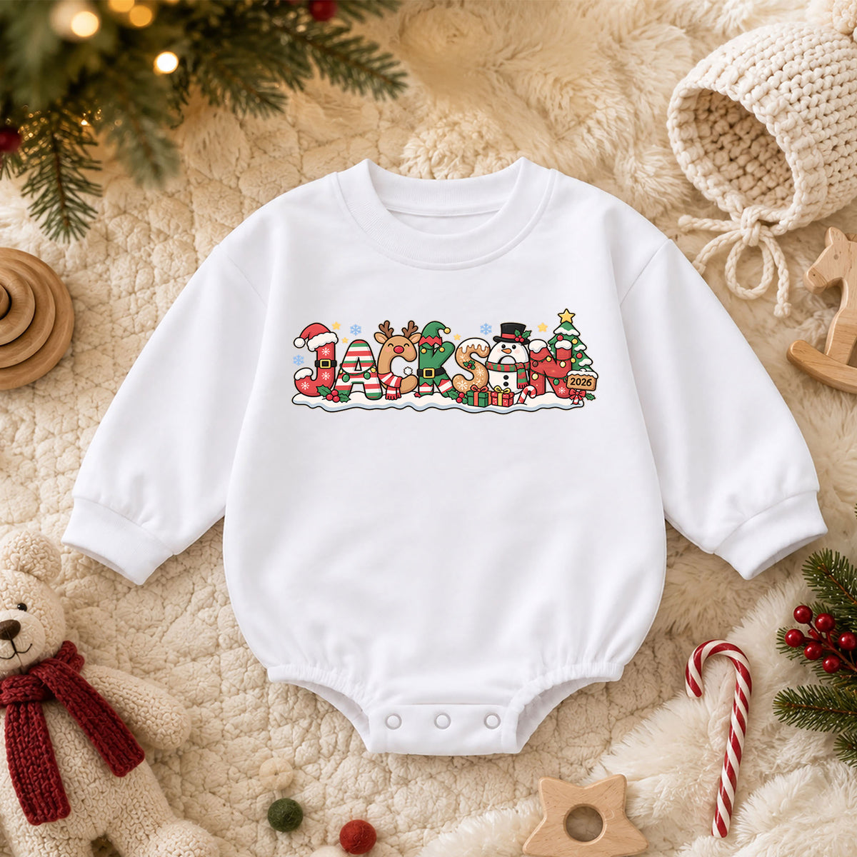 Personalized Holiday Name Romper for Baby, Reindeer Snowman Christmas Letter Design, 1st Christmas Outfit, My First Birthday Gift — product view 3