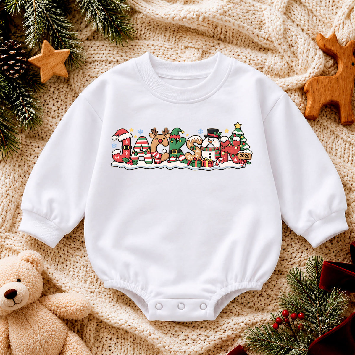 Personalized Holiday Name Romper for Baby, Reindeer Snowman Christmas Letter Design, 1st Christmas Outfit, My First Birthday Gift — product view 4