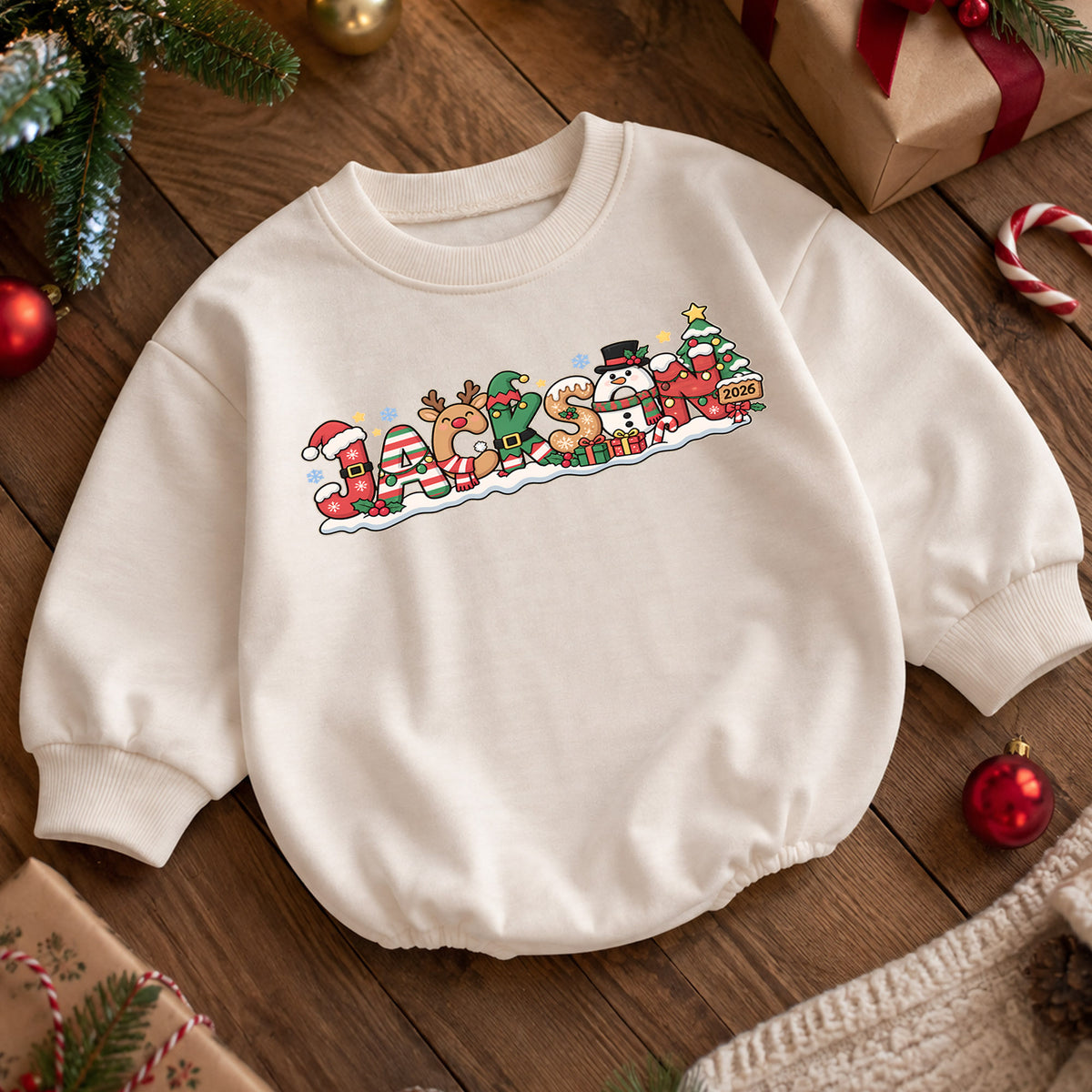 Personalized Holiday Name Romper for Baby, Reindeer Snowman Christmas Letter Design, 1st Christmas Outfit, My First Birthday Gift — product view 5