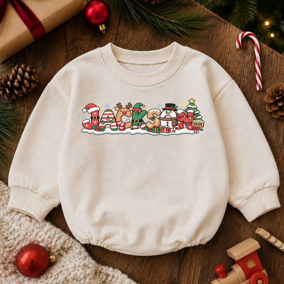 Personalized Holiday Name Romper for Baby, Reindeer Snowman Christmas Letter Design, 1st Christmas Outfit, My First Birthday Gift — product view 6