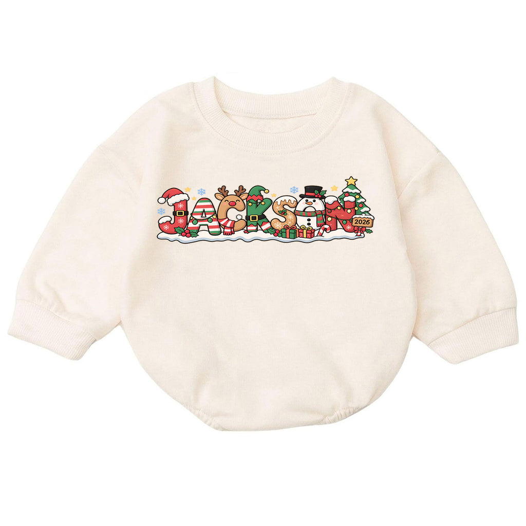 Personalized Holiday Name Romper for Baby, Reindeer Snowman Christmas Letter Design, 1st Christmas Outfit, My First Birthday Gift — product view 7
