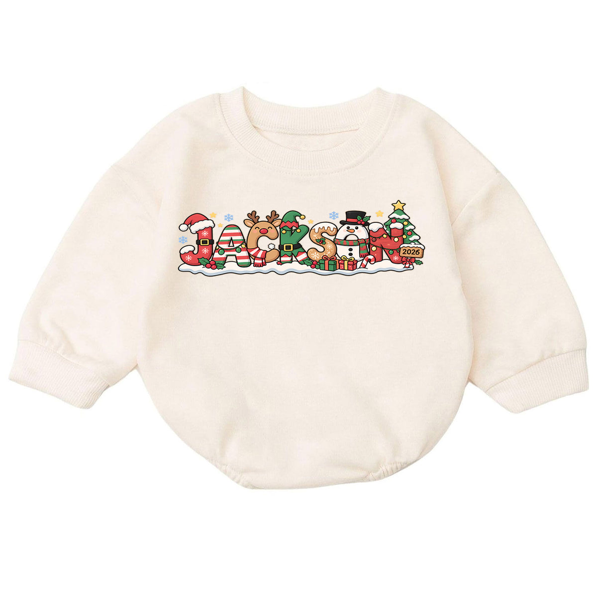 Personalized Holiday Name Romper for Baby, Reindeer Snowman Christmas Letter Design, 1st Christmas Outfit, My First Birthday Gift — product view 7