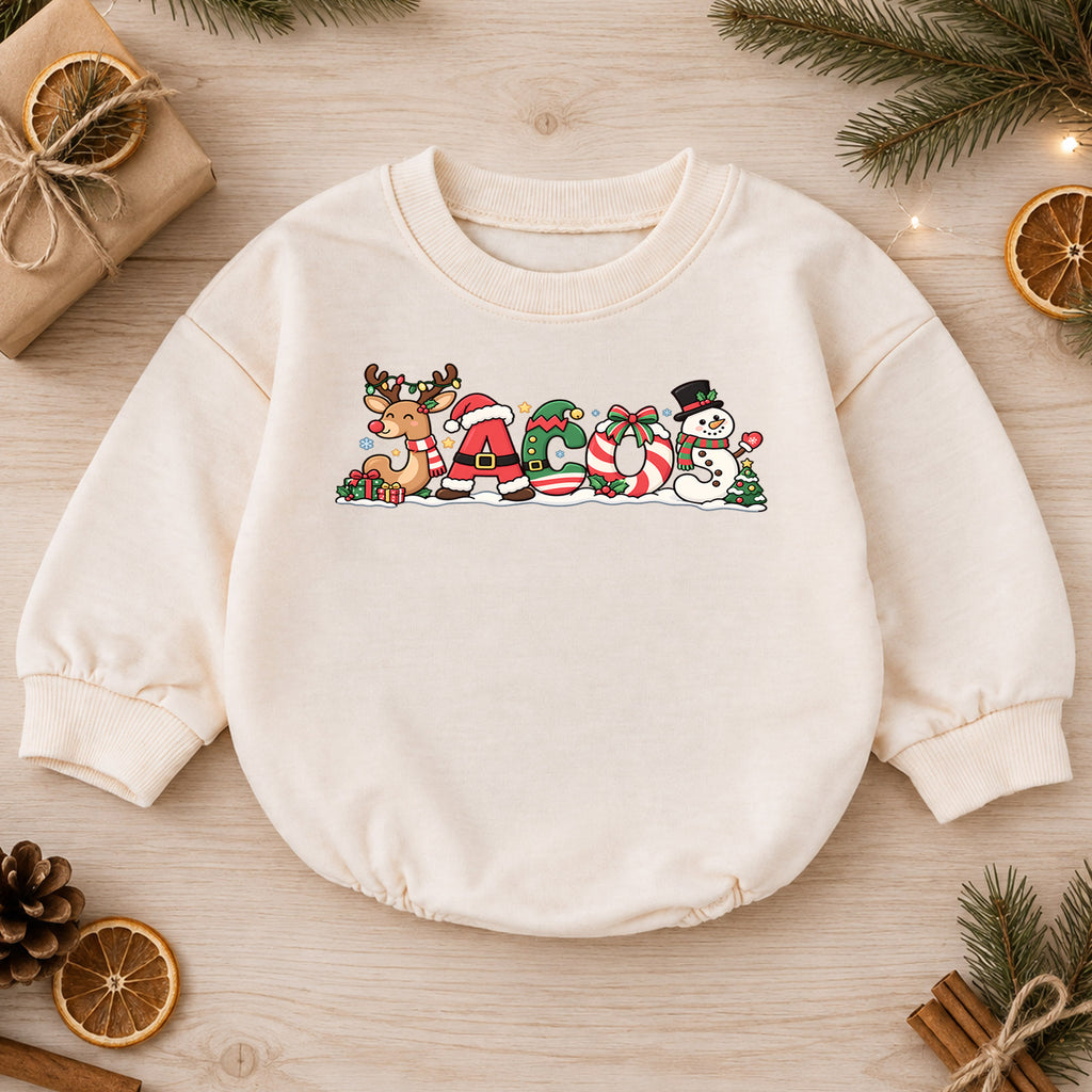 Custom Christmas Name Baby Romper, Personalized Reindeer Santa Letter Design, 1st Christmas Romper, 1st Birthday Outfit Gift — product view 1