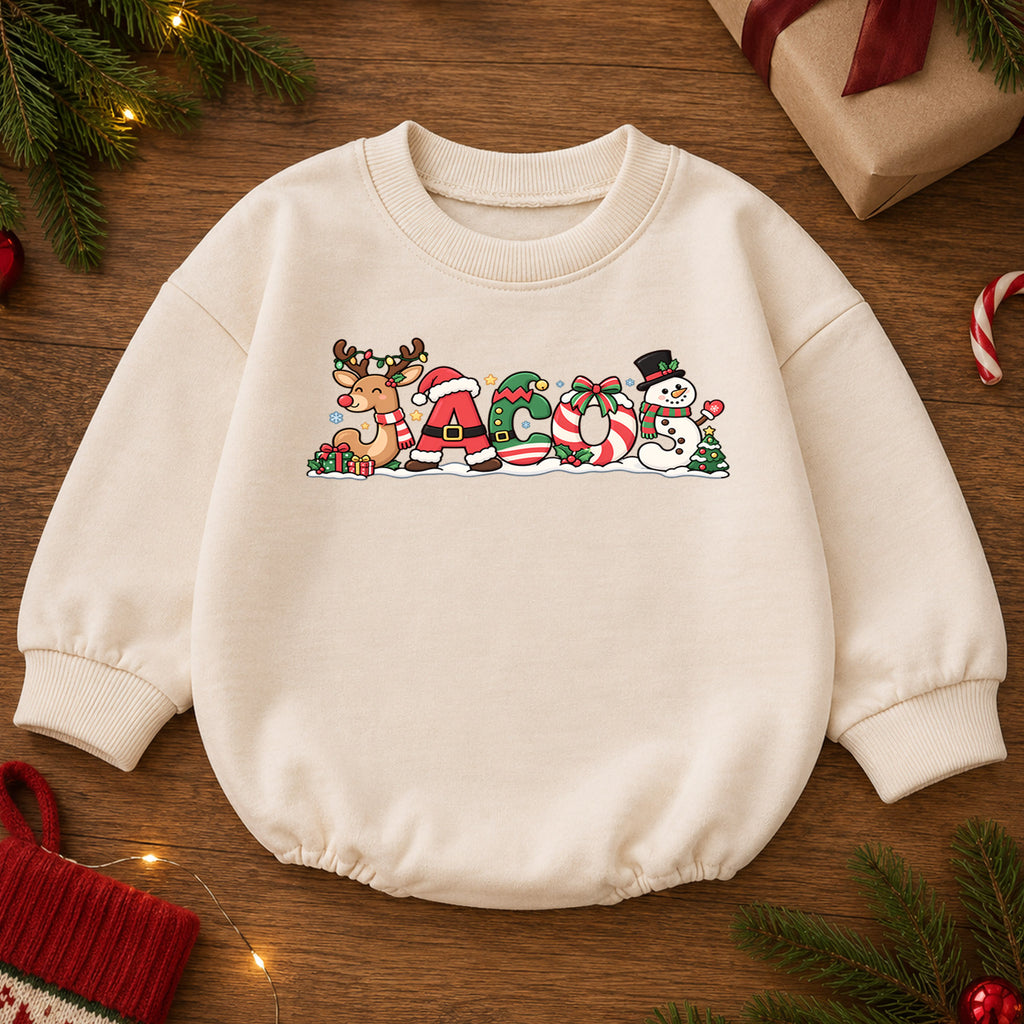 Custom Christmas Name Baby Romper, Personalized Reindeer Santa Letter Design, 1st Christmas Romper, 1st Birthday Outfit Gift — product view 2