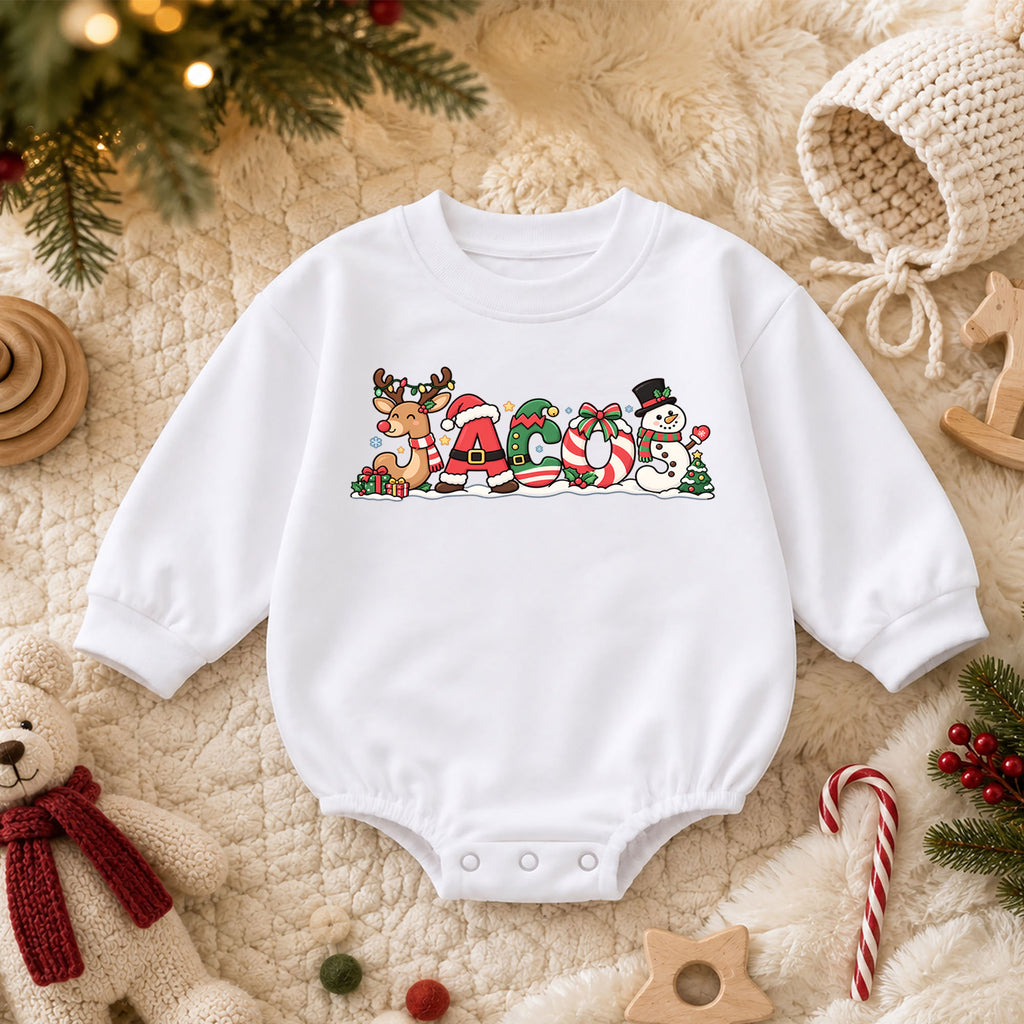 Custom Christmas Name Baby Romper, Personalized Reindeer Santa Letter Design, 1st Christmas Romper, 1st Birthday Outfit Gift — product view 3