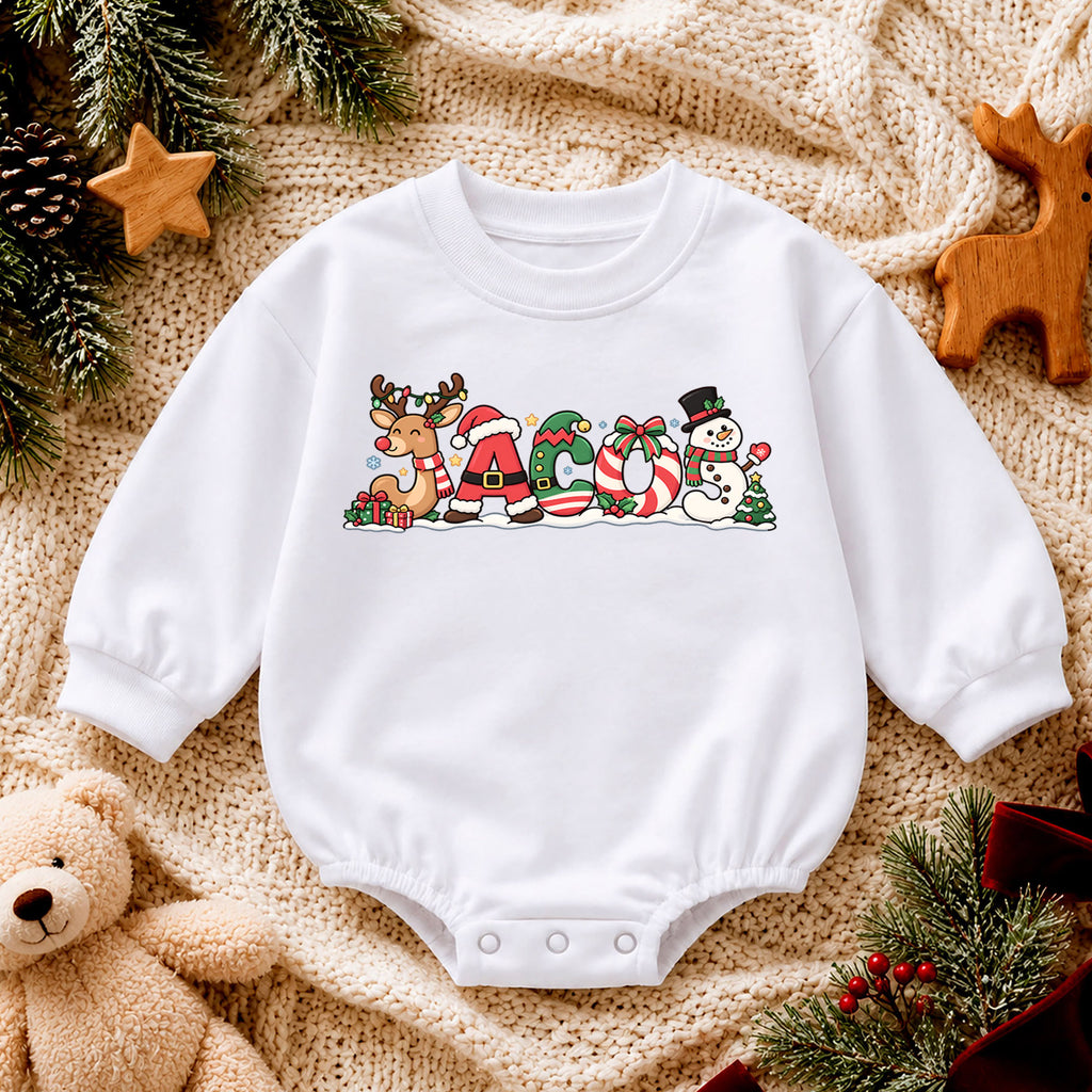 Custom Christmas Name Baby Romper, Personalized Reindeer Santa Letter Design, 1st Christmas Romper, 1st Birthday Outfit Gift — product view 4