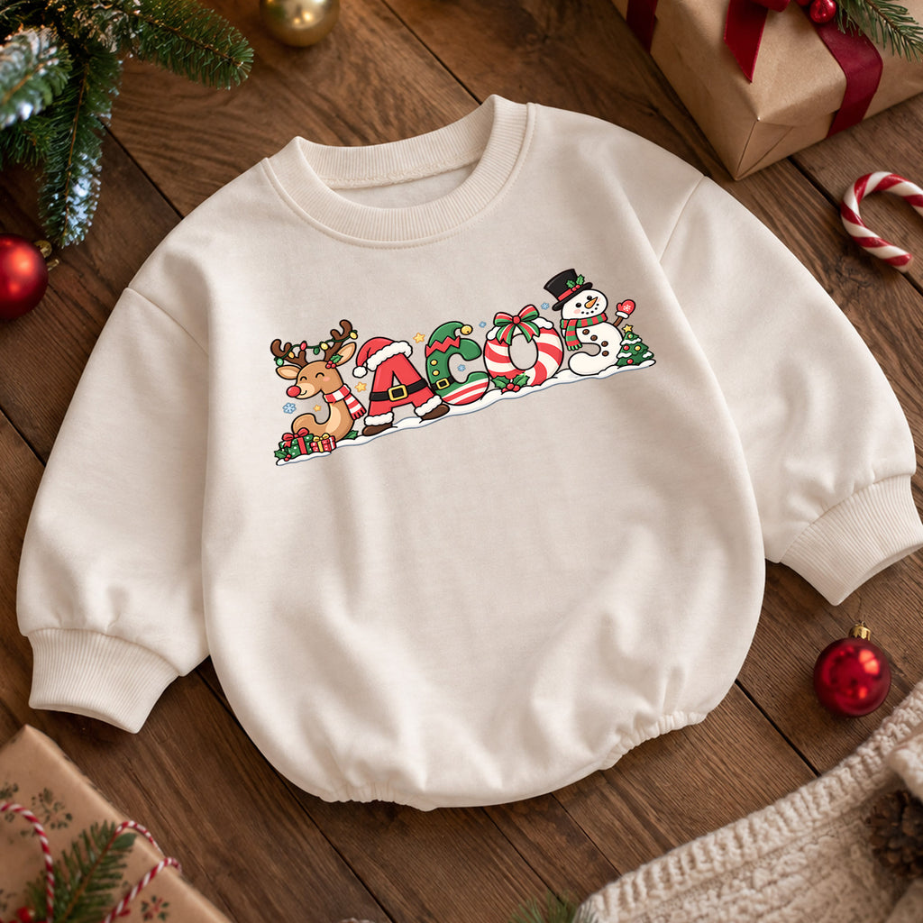 Custom Christmas Name Baby Romper, Personalized Reindeer Santa Letter Design, 1st Christmas Romper, 1st Birthday Outfit Gift — product view 5