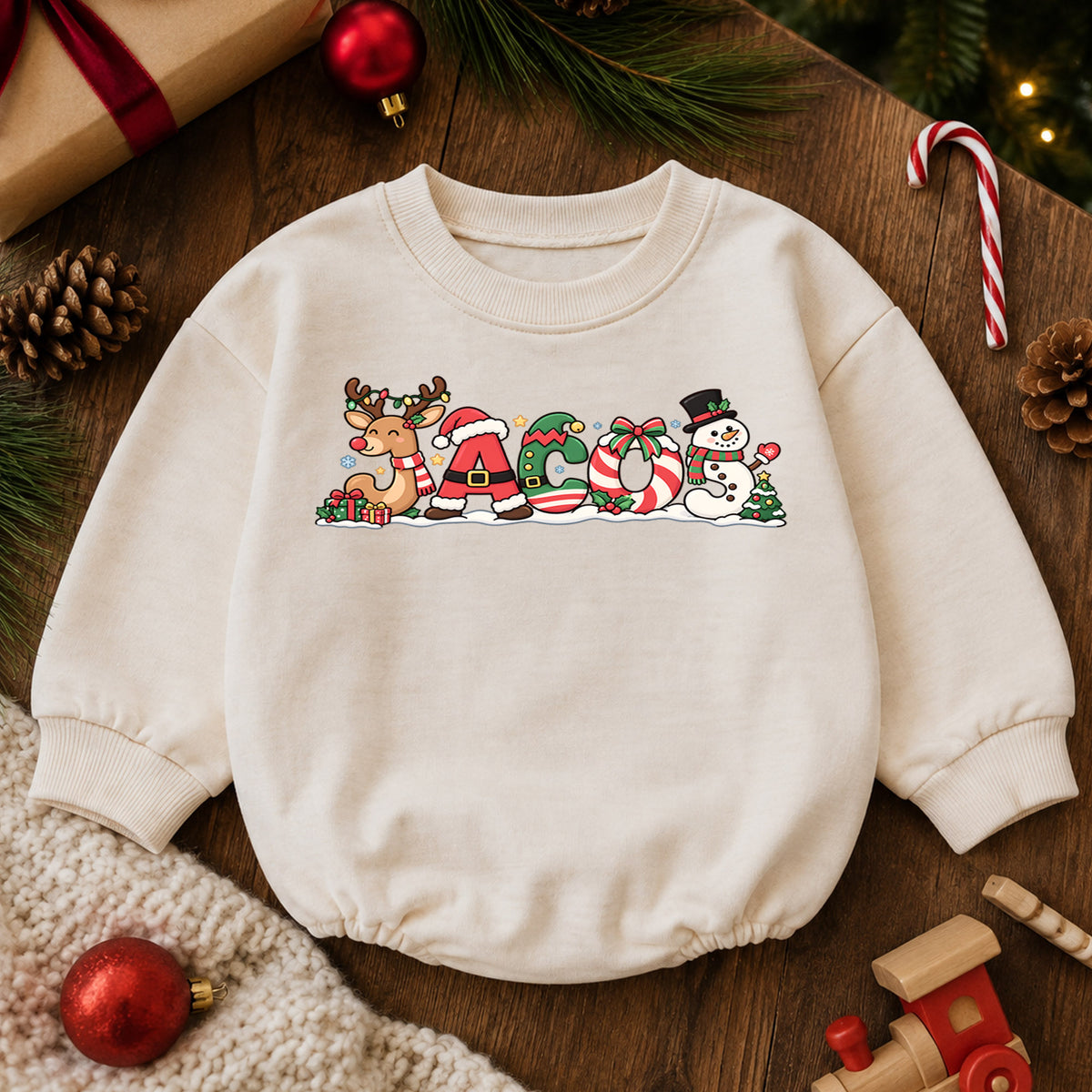 Custom Christmas Name Baby Romper, Personalized Reindeer Santa Letter Design, 1st Christmas Romper, 1st Birthday Outfit Gift — product view 6