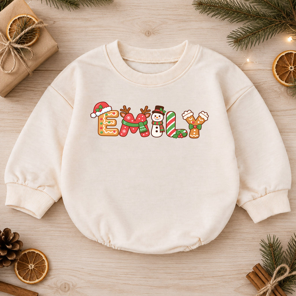 Personalized Christmas Name Baby Romper, Custom Holiday Letter Design, 1st Christmas Outfit, My First Birthday Gift for Baby Baby — product view 1