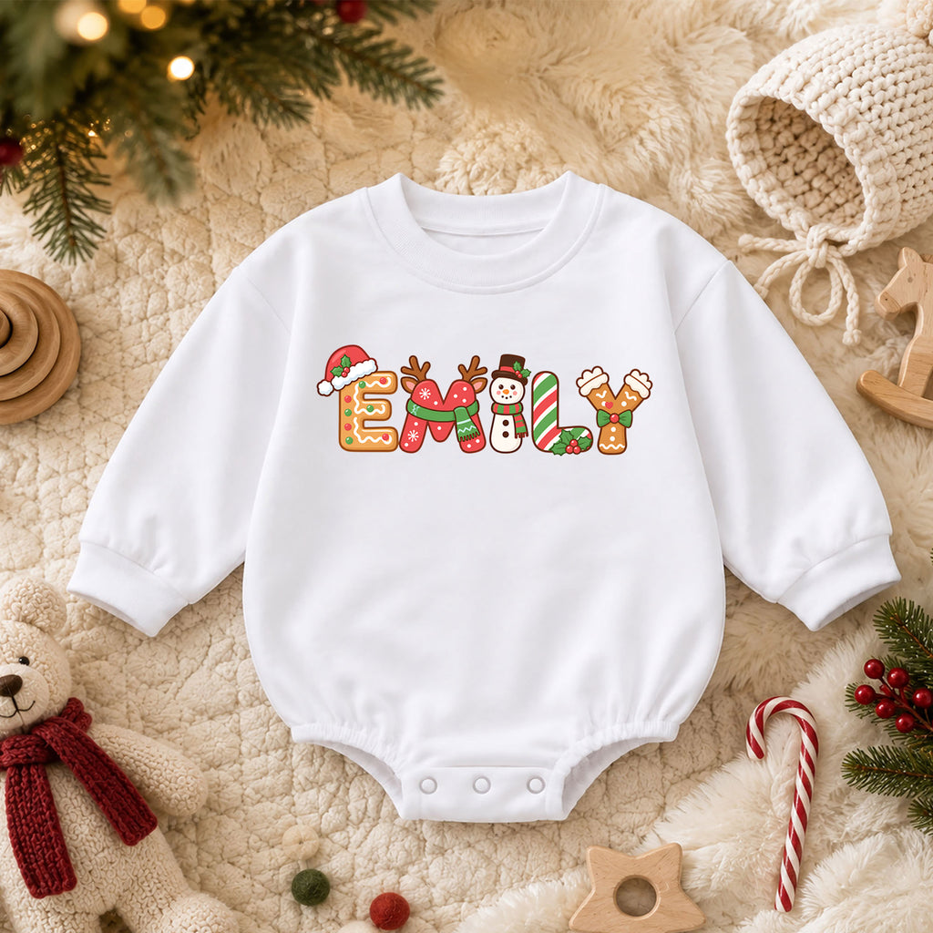Personalized Christmas Name Baby Romper, Custom Holiday Letter Design, 1st Christmas Outfit, My First Birthday Gift for Baby Baby — product view 3