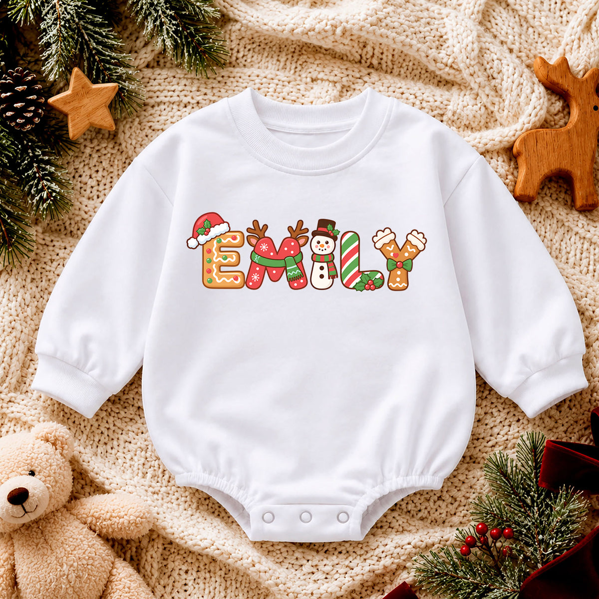 Personalized Christmas Name Baby Romper, Custom Holiday Letter Design, 1st Christmas Outfit, My First Birthday Gift for Baby Baby — product view 4