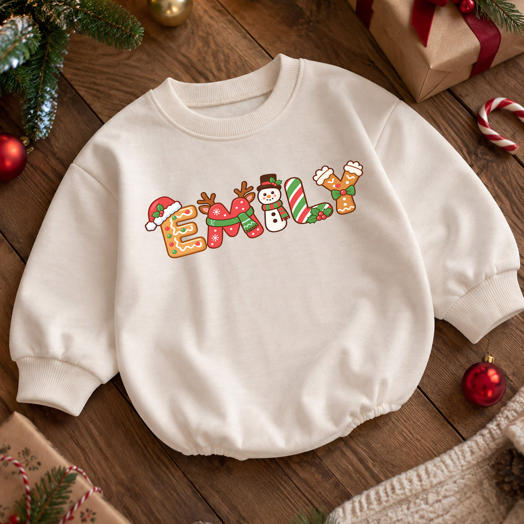 Personalized Christmas Name Baby Romper, Custom Holiday Letter Design, 1st Christmas Outfit, My First Birthday Gift for Baby Baby — product view 5
