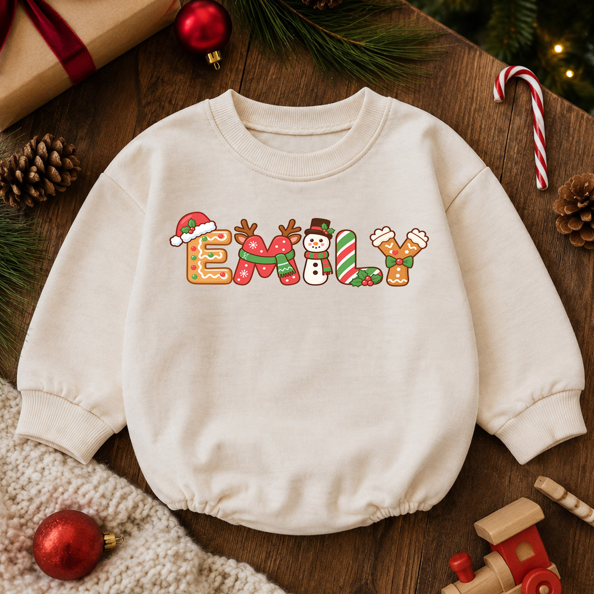 Personalized Christmas Name Baby Romper, Custom Holiday Letter Design, 1st Christmas Outfit, My First Birthday Gift for Baby Baby — product view 6