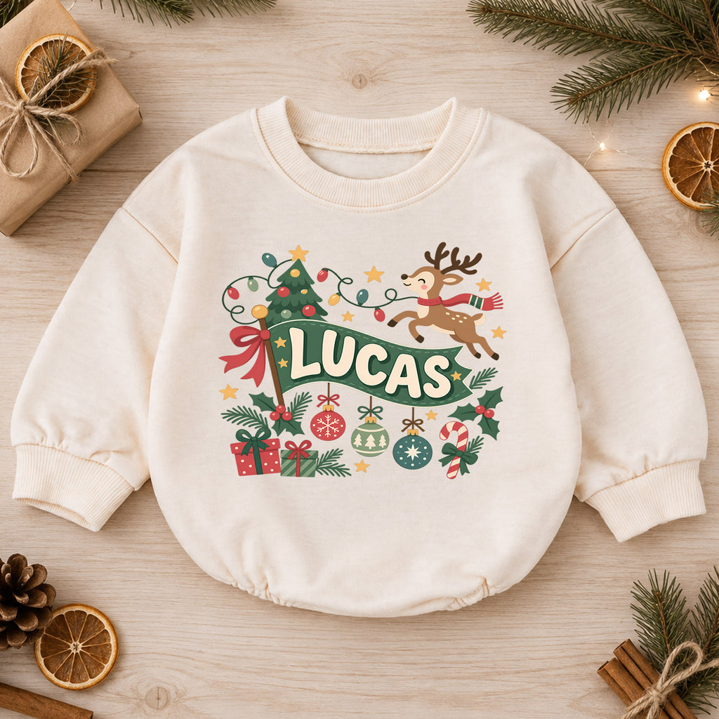 Custom Name Reindeer Christmas Romper, Personalized Holiday Banner Outfit, 1st Christmas Baby Gift, My First Birthday Keepsake — product view 1
