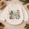 Custom Name Reindeer Christmas Romper, Personalized Holiday Banner Outfit, 1st Christmas Baby Gift, My First Birthday Keepsake — product view 1