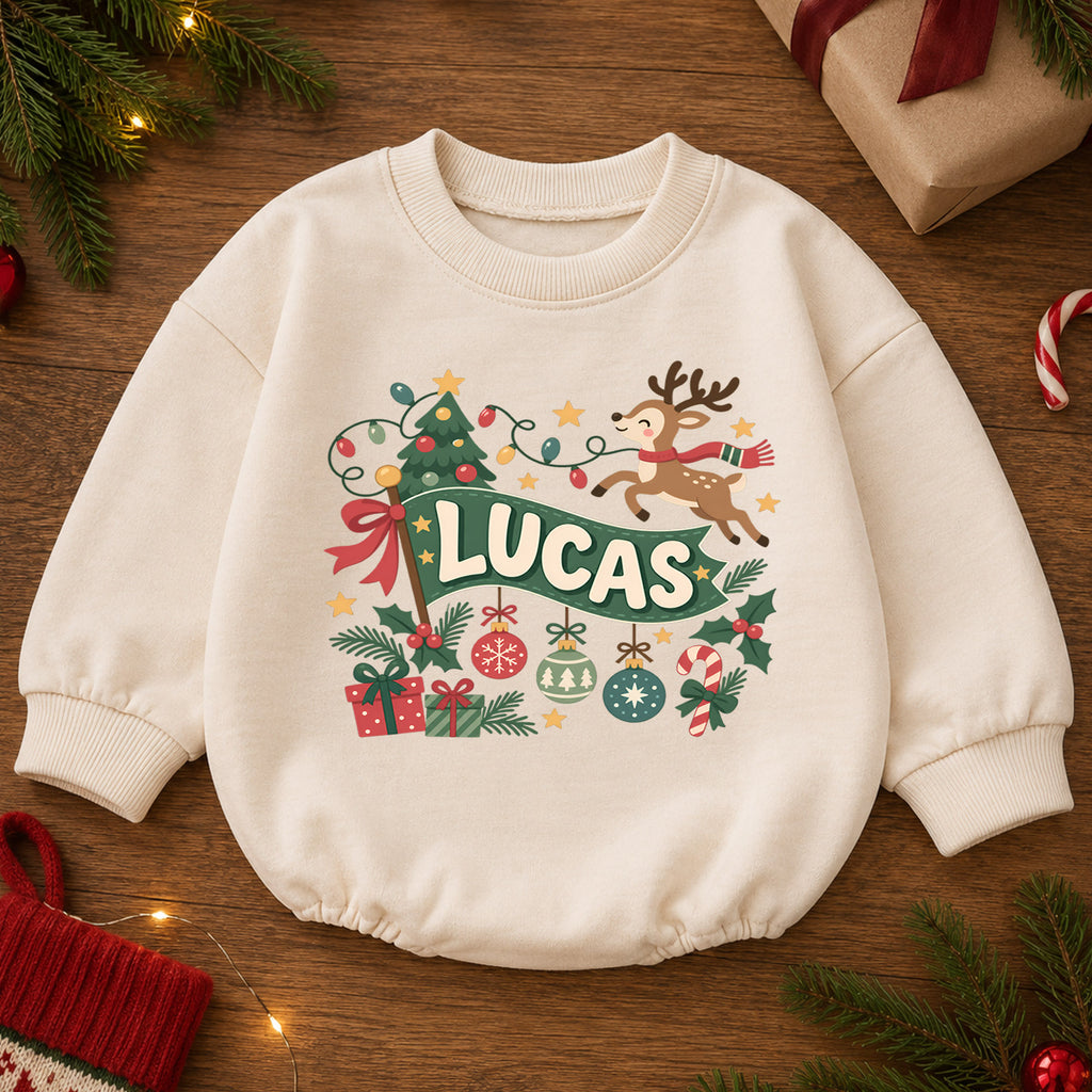 Custom Name Reindeer Christmas Romper, Personalized Holiday Banner Outfit, 1st Christmas Baby Gift, My First Birthday Keepsake — product view 2