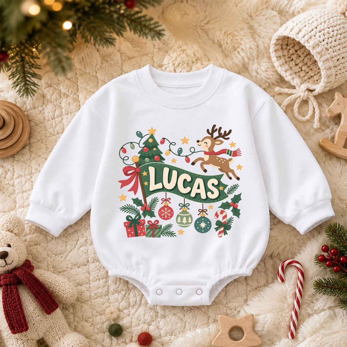 Custom Name Reindeer Christmas Romper, Personalized Holiday Banner Outfit, 1st Christmas Baby Gift, My First Birthday Keepsake — product view 3