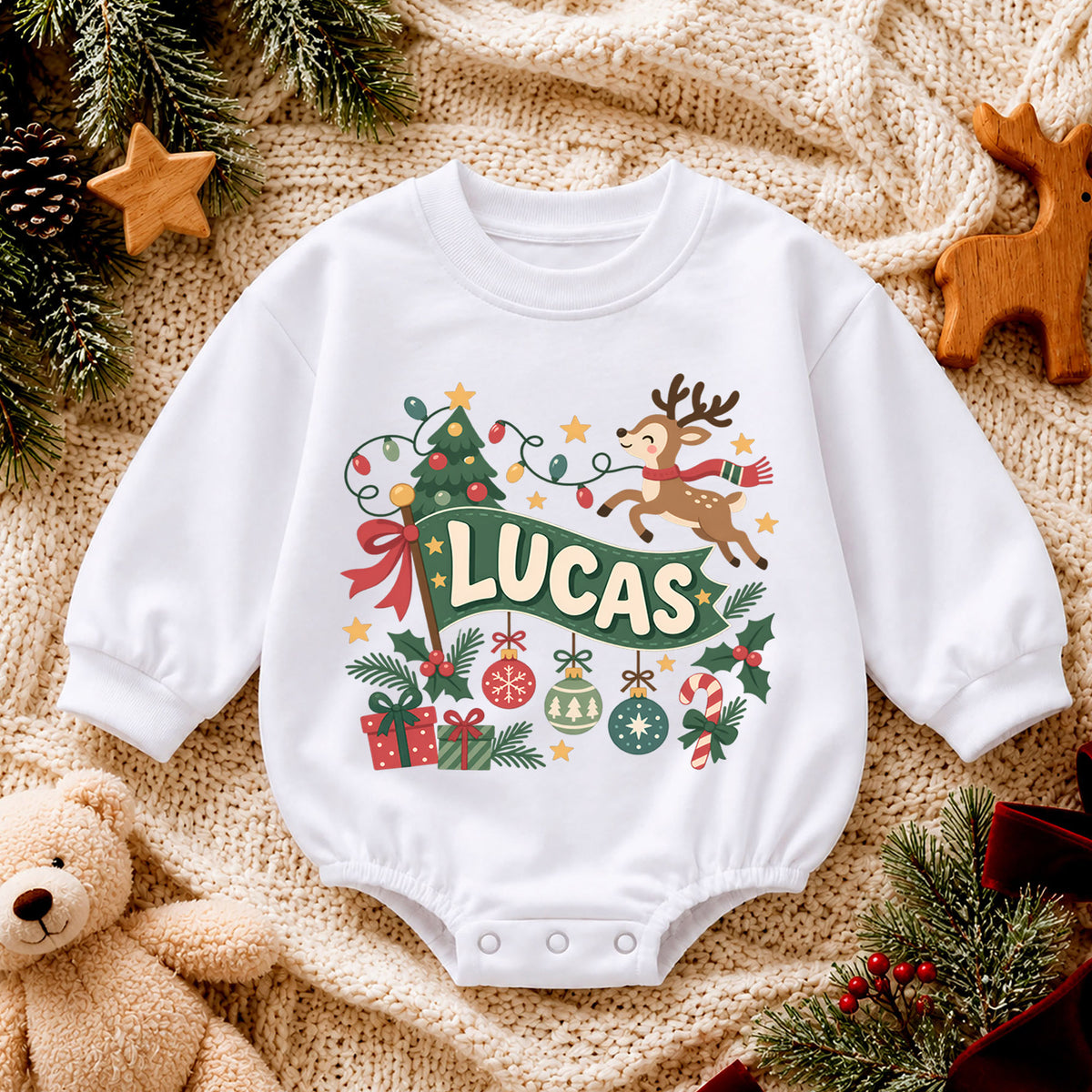 Custom Name Reindeer Christmas Romper, Personalized Holiday Banner Outfit, 1st Christmas Baby Gift, My First Birthday Keepsake — product view 4
